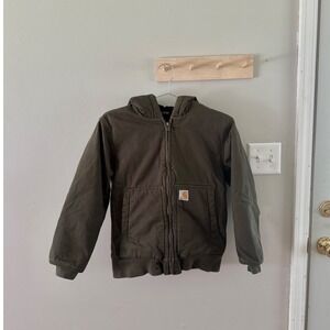 Carhartt Active Jacket Youth Med 10-12 Olive Green Hooded Canvas Quilted Lined